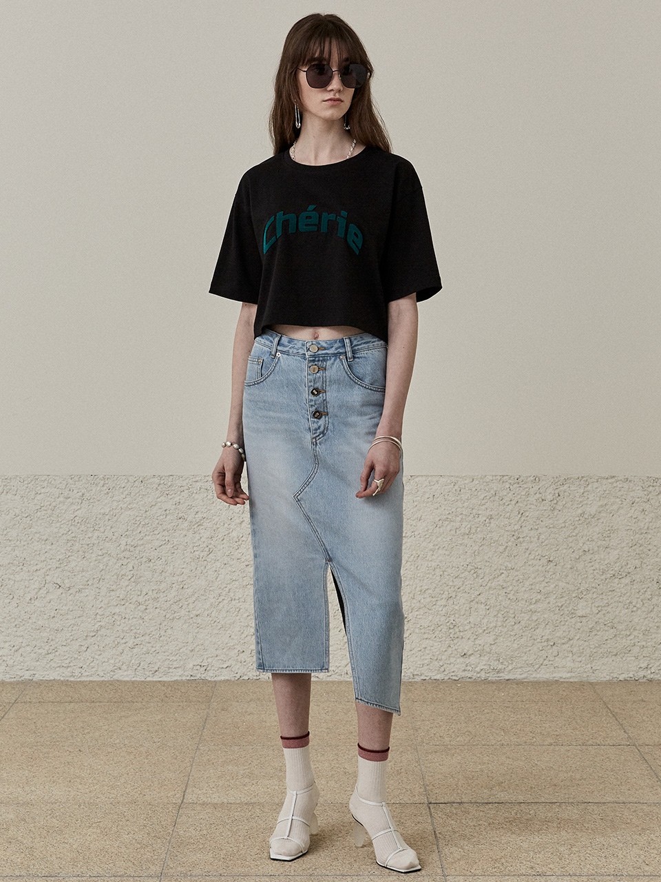 CHERIE Embroidered Cotton T-Shirt_Black