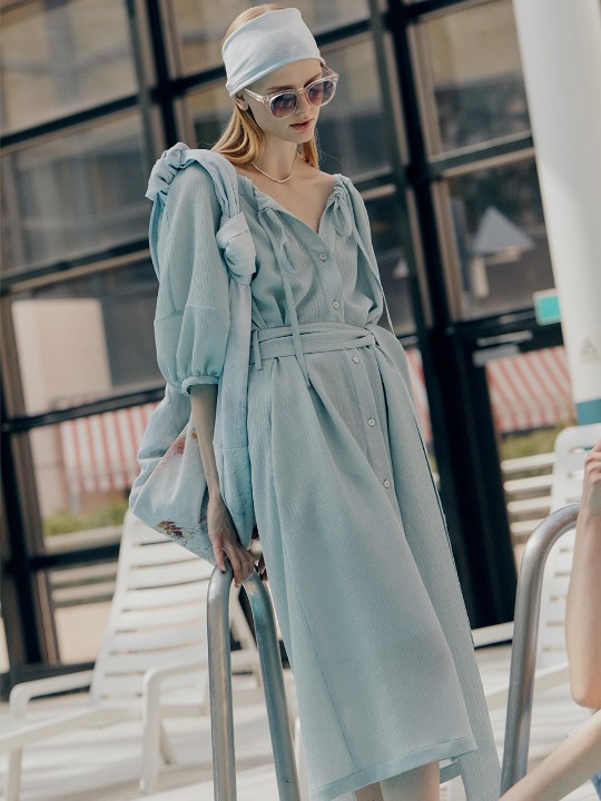 [예약][Fabric From JAPAN] ESTHER Volume Neck String Point Pleated Dress_Mint
