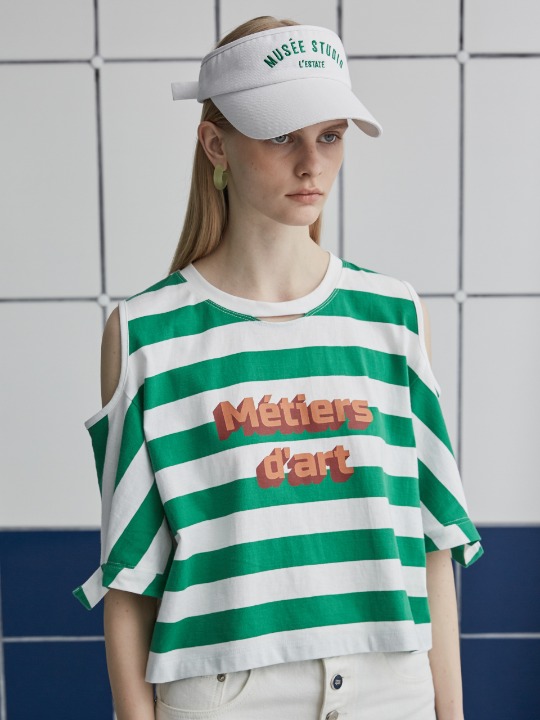 [예약]METIERS DART Shoulder Hole Stripe Cut-Out Crop T-shirt_Green