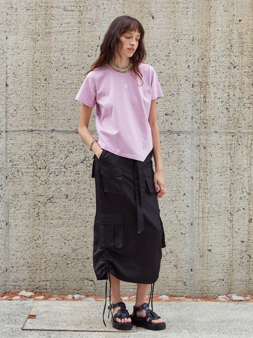 KALO Embroidered Unbalanced Hem T-shirt_Pink