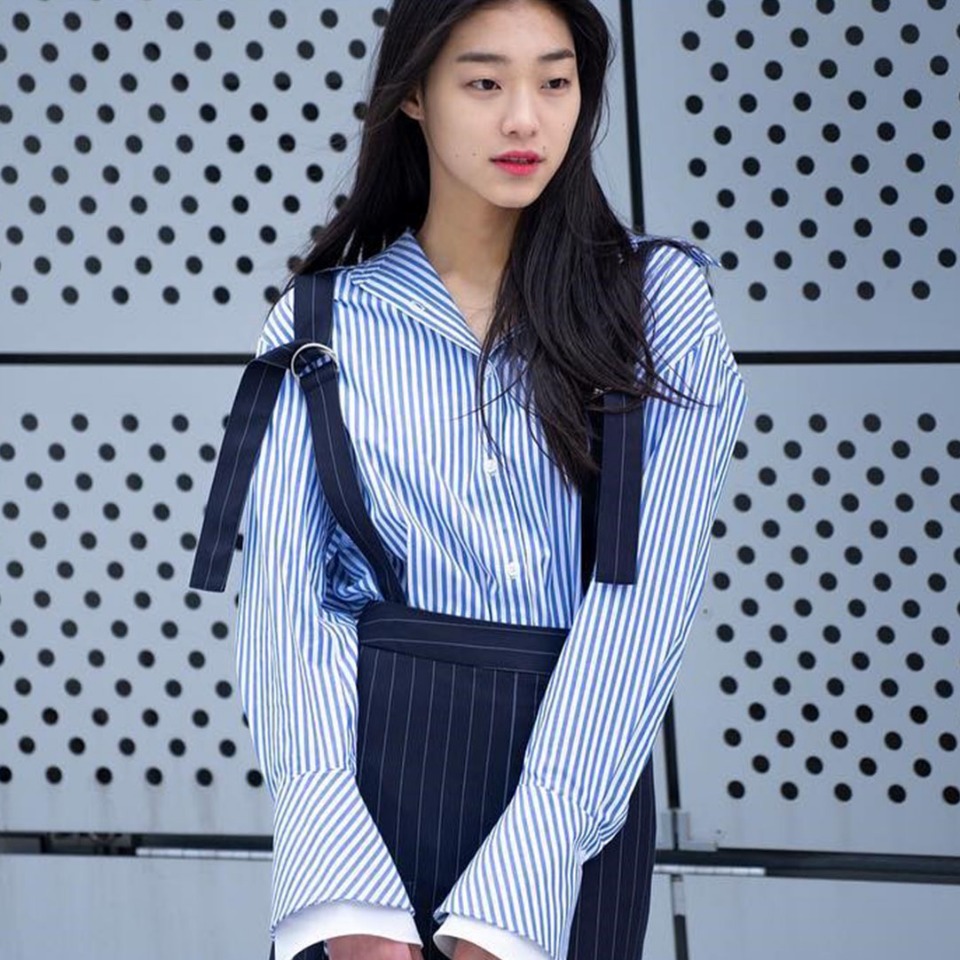 [김설희] Double Layered Cuffs Shirts_Blue stripe / Vueno Unbalance Hem Stripe Dress_Navy Stripe