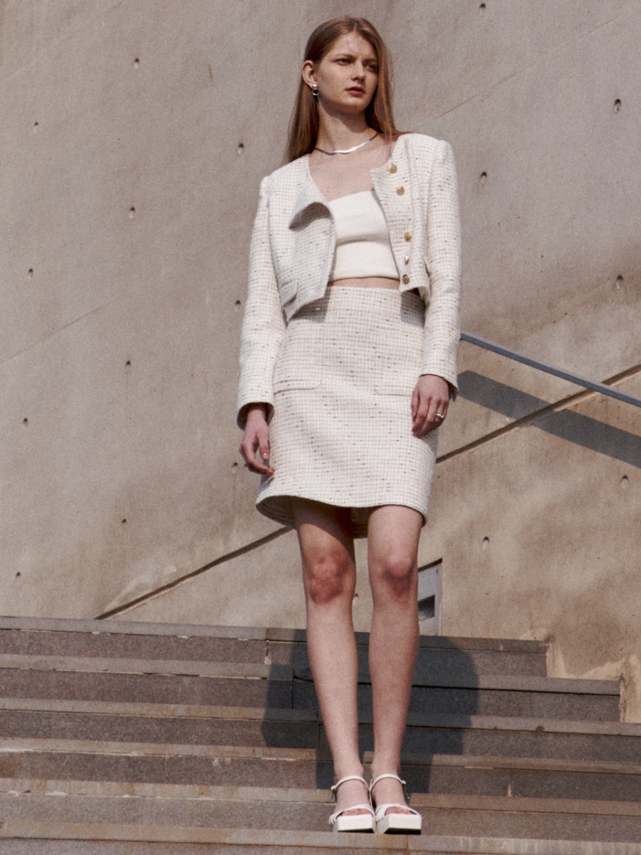 ANA Asymmetric Tweed Mini Skirt [Japan Fabric] _Ivory Check