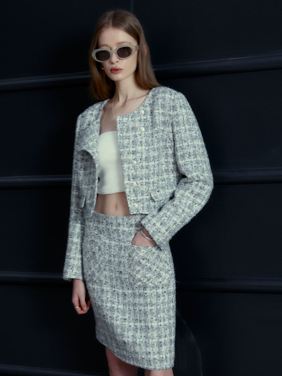 KOOLHASS Asymmetric Cropped Tweed Jacket_Gray