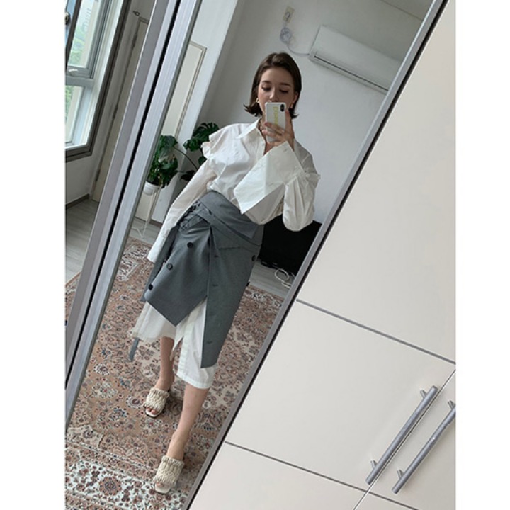 [안젤리나] Rhea Sleeve Detachable Long Shirt Dress_White / Unbalance Gingham Check Skirt_Gingham