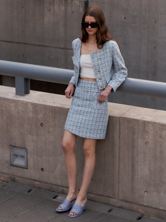 ANA Asymmetric Tweed Mini Skirt [Japan Fabric] _Blue Tweed
