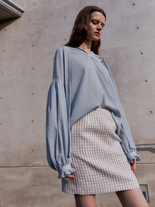 REVE Cotton Blend Tweed Mini Skirt [Japan Fabric] _Blue Tweed