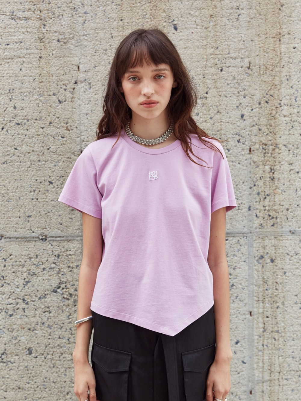 KALO Embroidered Unbalanced Hem T-shirt_Pink