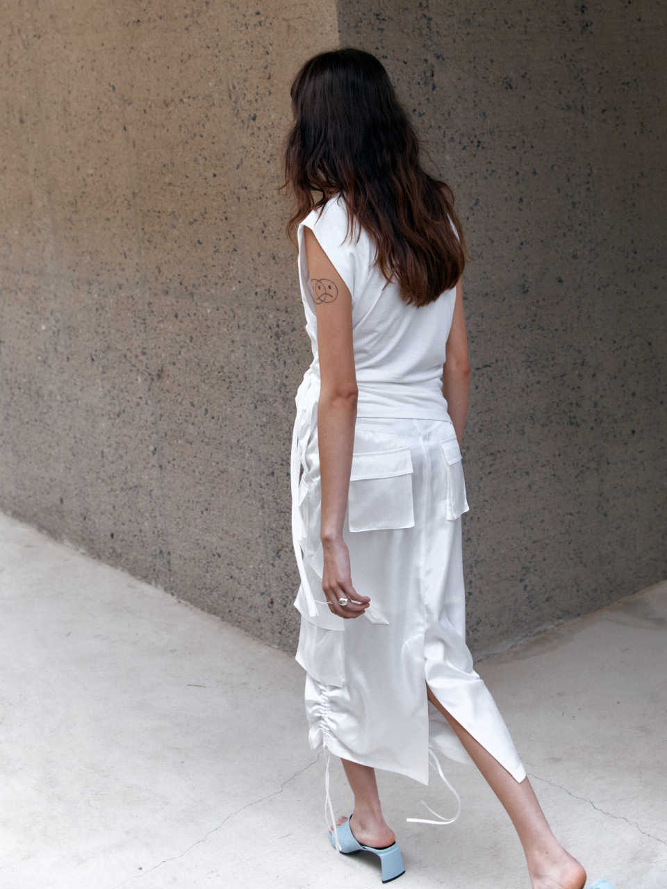 LILY Side String Belted Satin Cargo Long Skirt_White