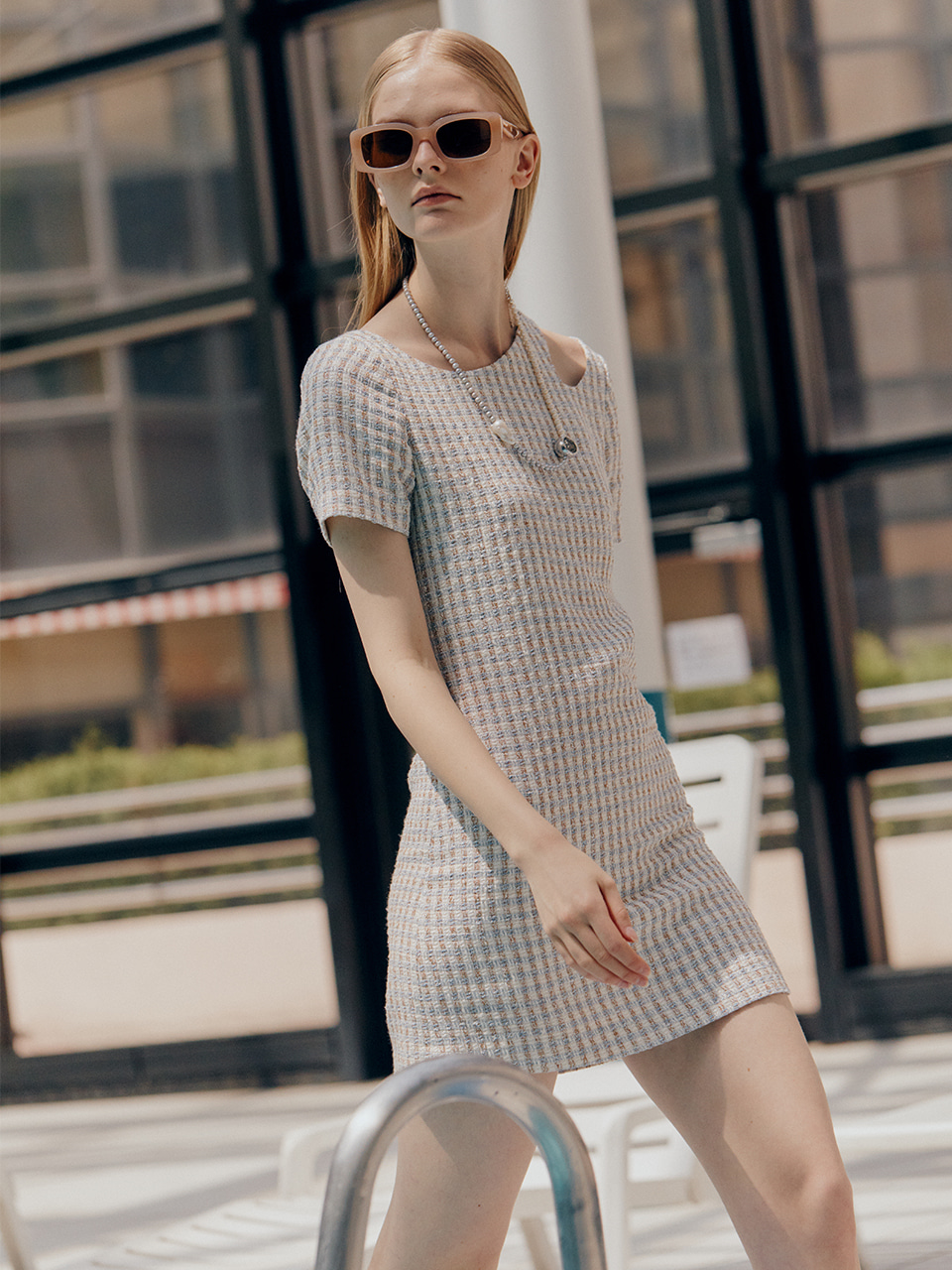 [Fabric From JAPAN] MONACO Cut-Out Slim Tweed Mini Dress_Blue