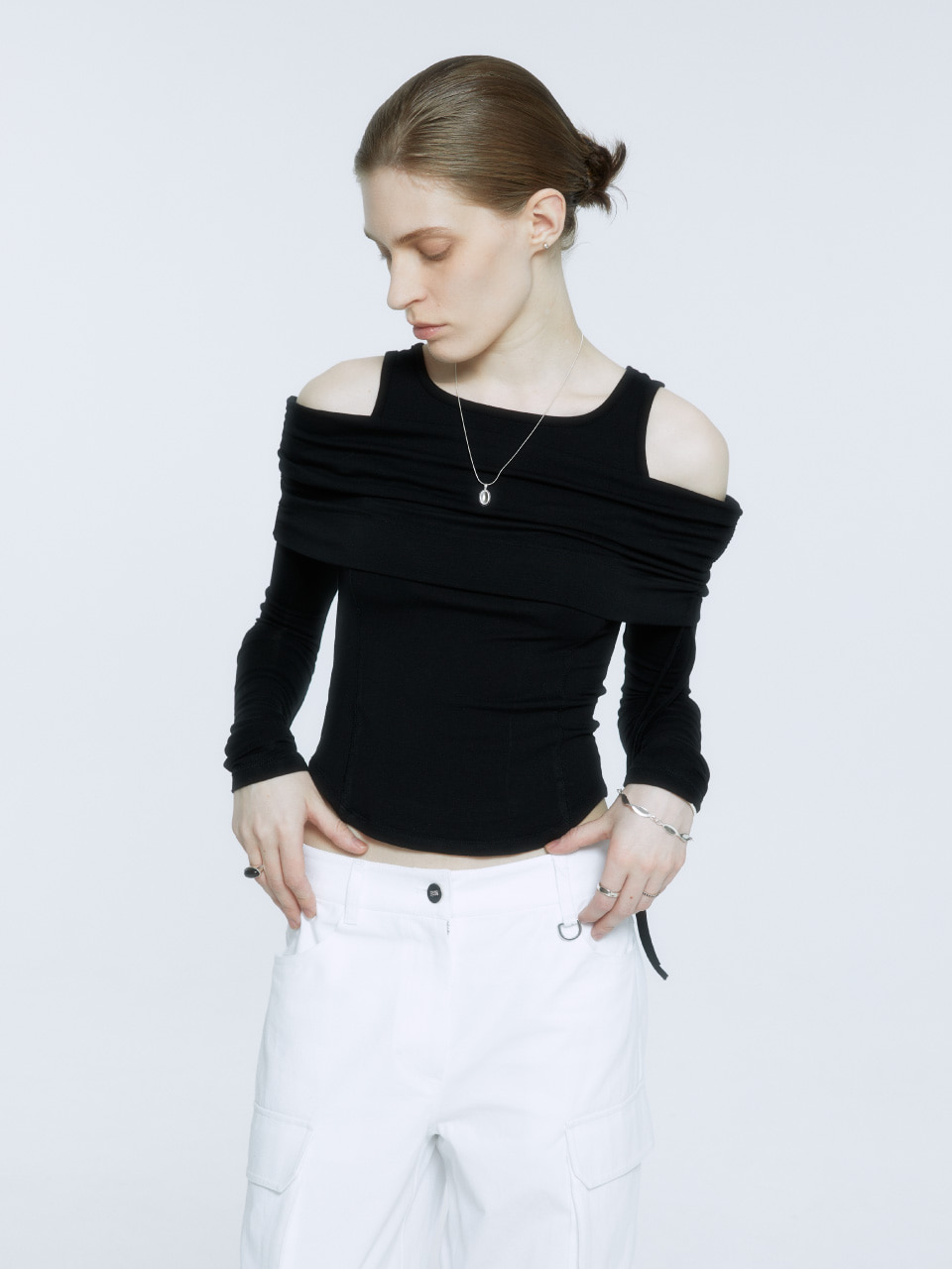 GALLIENI Draped Double-Layered Off-Shoulder Top_Black