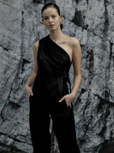 [박민영, 이주빈, 크리스탈 착용][COLLECTION]MATIERE One Shoulder Double Layered Wool Silk Jumpsuit_Black