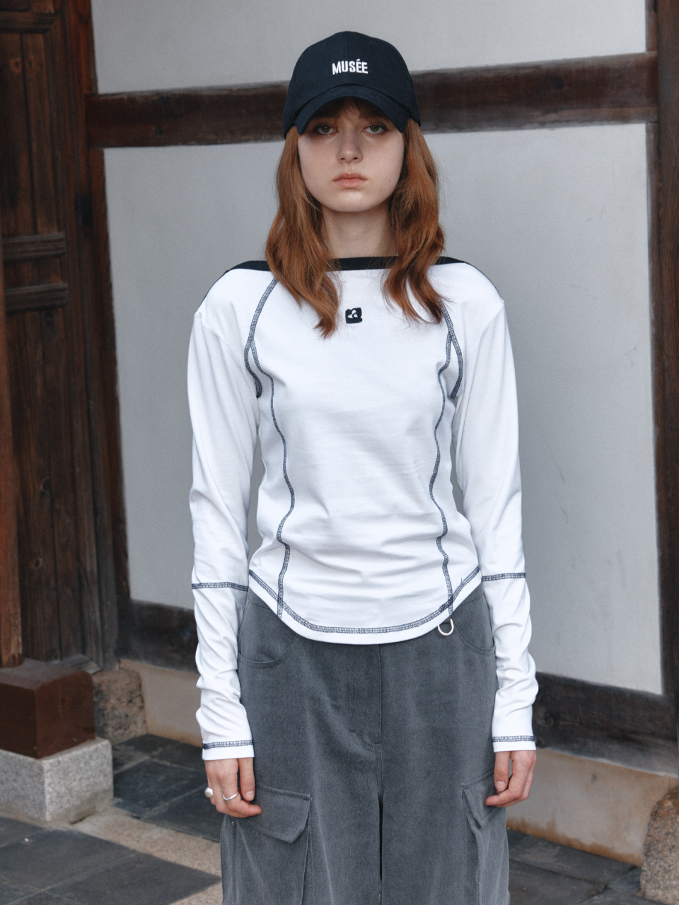 LLOYD Boat Neck Embroidered Contrast-Stitched Jersey Top_White