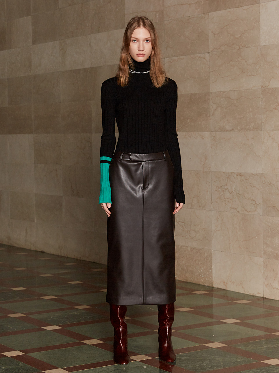 ISABEL Faux Leather Long Skirt_Brown