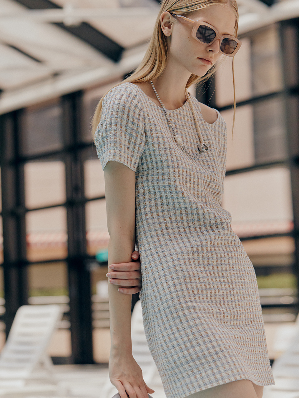 [Fabric From JAPAN] MONACO Cut-Out Slim Tweed Mini Dress_Blue
